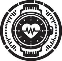 Illustration of a black and white smartwatch displaying a heartbeat symbol inside vector