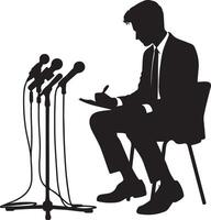 Silhouette of a man in a suit sitting next to microphones and writing on a notepad at a press conference vector
