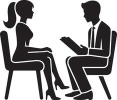 Silhouette of woman and man sitting in chairs with clipboard in black and white illustration style vector