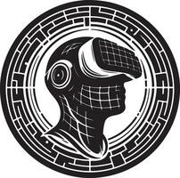Stylized depiction of a head wearing a vr headset enclosed in a maze circle vector