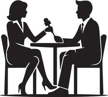 Silhouette of a woman interviewing a man at a table with a microphone in a black and white image vector