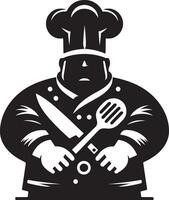 Black and white image of a chef holding a knife and spoon with a chef hat on head vector