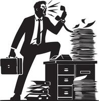 Silhouette of angry businessman yelling on phone with briefcase and paperwork on desk in black and white vector