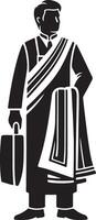 A black and white graphic of a man in a suit with a bag and draped cloth design vector