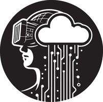Illustration of a person wearing vr headset with cloud and circuit board design vector