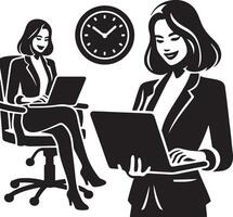 A woman working on a laptop with another woman and a clock in the background black and white art vector