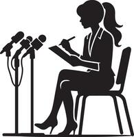 Silhouette of a woman taking notes at a press conference with multiple microphones present in the scene vector