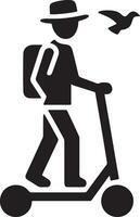 A silhouette of a person with a hat riding a scooter and a bird flying in the background near them vector