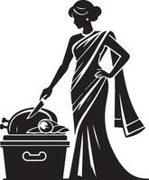Silhouette of woman in sari cutting turkey in container in black and white art vector
