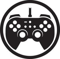 Black and white illustration of a game controller inside of a black circle line vector