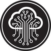 A black and white logo of a cloud with a circuit board inside in a circle frame vector