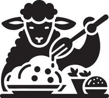 A black and white illustration of a sheep eating food with a fork on a white background vector