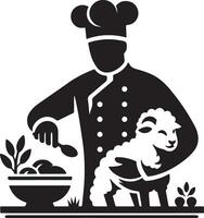 Chef preparing food with spoon and bowl while holding a sheep in black and white vector