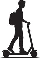 Silhouette of a person with a backpack riding an electric scooter on a white background image vector