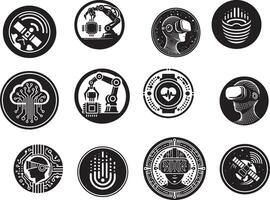 Collection of black and white technology icons featuring robotics vr gaming and health monitoring vector