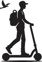 A silhouette of a person riding a scooter with a backpack and a bird flying above them in the sky vector