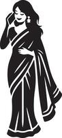 Illustration of a woman in a saree talking on a phone with a white background in black and white vector