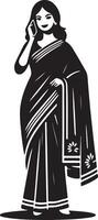 A woman in a saree talking on a phone in a black and white illustration full body portrait view vector