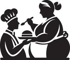 Silhouette of chefs with burger and spoon in black and white simple illustration vector
