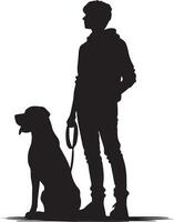 Silhouette of a person in a hoodie standing next to a dog that is sitting on the ground in black and white vector