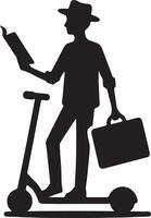 Silhouette of a man reading a book while riding a scooter and holding a briefcase in his hand vector