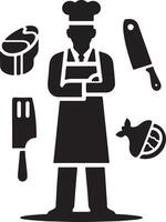 Chef silhouette with meat cuts and knives on a white background image vector