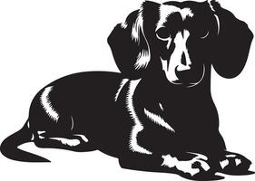 A black and white illustration of a dachshund lying down with its head up in a relaxed position vector