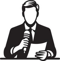 A man in a suit holding a microphone and paper standing behind a desk in black and white design style vector