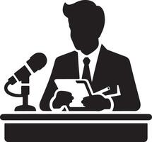 A silhouette of a man in a suit at a desk with a microphone holding a tablet and pen while speaking vector