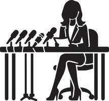 Silhouette of a woman at a press conference with multiple microphones and a table in black and white vector