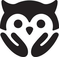 A stylized black and white owl with hands framing its face on a white background vector