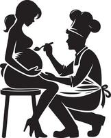 Silhouette of pregnant woman on stool being fed by chef with spoon in black and white vector