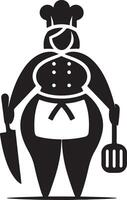 Black and white graphic of a chef holding a knife and spatula in each hand icon vector