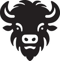 A simple black and white illustration of a buffalo head with horns and a beard design vector