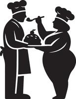 Silhouette of two chefs one feeding the other cake in a white background image vector