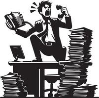A frustrated businessman yells into a phone while sitting on a desk with stacks of paperwork around vector