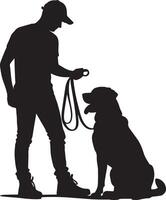 Silhouette of a man in a cap holding a dog leash with a sitting dog in black and white illustration vector