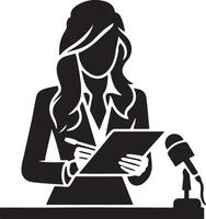 Silhouette of a woman in a suit writing on a clipboard next to a microphone on a table in black and white vector