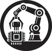 Black and white illustration of a robotic arm holding a microchip in a circle frame vector
