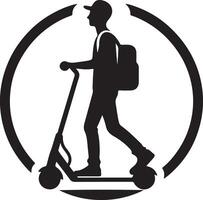 Silhouette of a person with a backpack riding an electric scooter inside a circular graphic design icon vector