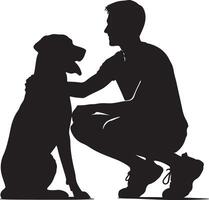 Silhouette of a person crouching and petting a dog that is sitting in a black and white image design vector