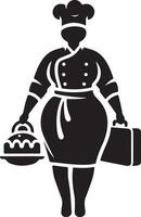 Illustration of a chef carrying a cake and a briefcase in black and white style vector