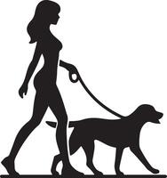 Silhouette of a woman walking a dog on a leash in a simple black and white illustration style image vector