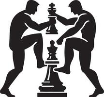 Two figures battling over chess pieces in a stylized black and white illustration of strategy and conflict vector