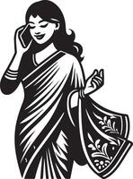 Illustration of a woman in a saree talking on a cell phone in black and white format design vector