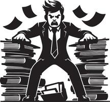 An angry man in a suit with stacks of books and papers surrounding him in a black and white illustration vector
