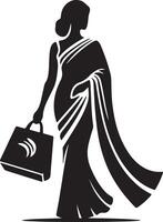 Silhouette of a woman in a sari holding a shopping bag with a curved design on a white background vector