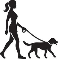 Silhouette of a woman walking a dog on a leash in black and white simple illustration art vector