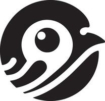 A stylized black and white bird logo with a large eye inside of a circular shape vector