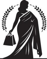 Silhouette of a woman in a saree holding shopping bags with a laurel wreath in the background vector